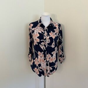 SJS Navy Blue Floral Print Tunic Blouse
